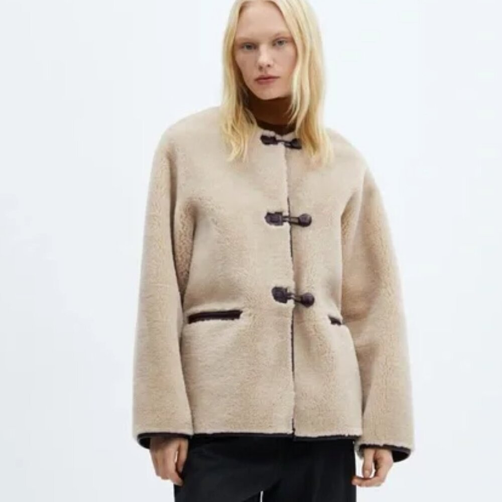 Iconic MANGO Appliques Faux Fur Shearling Oversized Women's Jacket Size XL